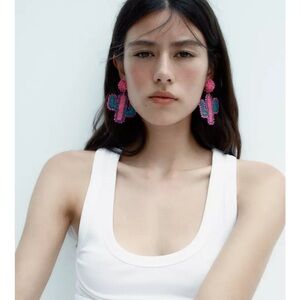 NWT ZARA RAFFIA Beaded Cactus Earrings